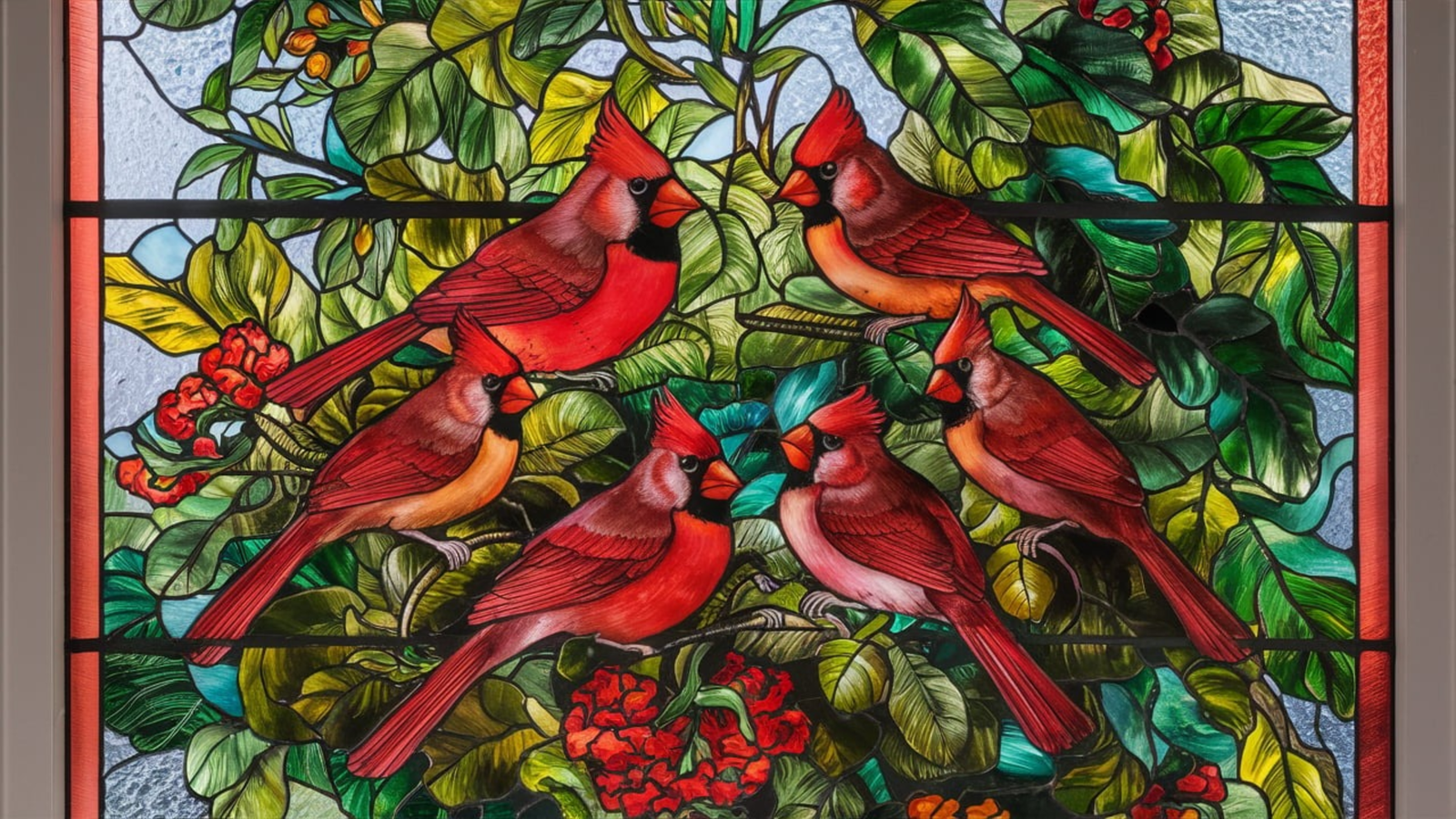 River of Goods Cozy Cardinals Stained Glass Window Panel