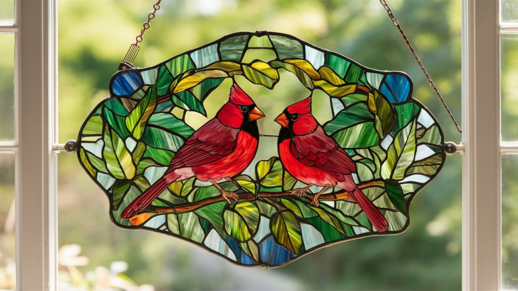 River of Goods Cozy Cardinals Stained Glass Window Panel