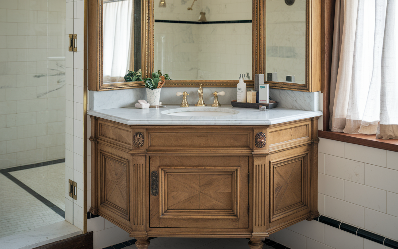 corner vanity with a mirror