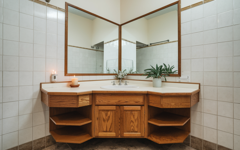 corner vanity with a mirror